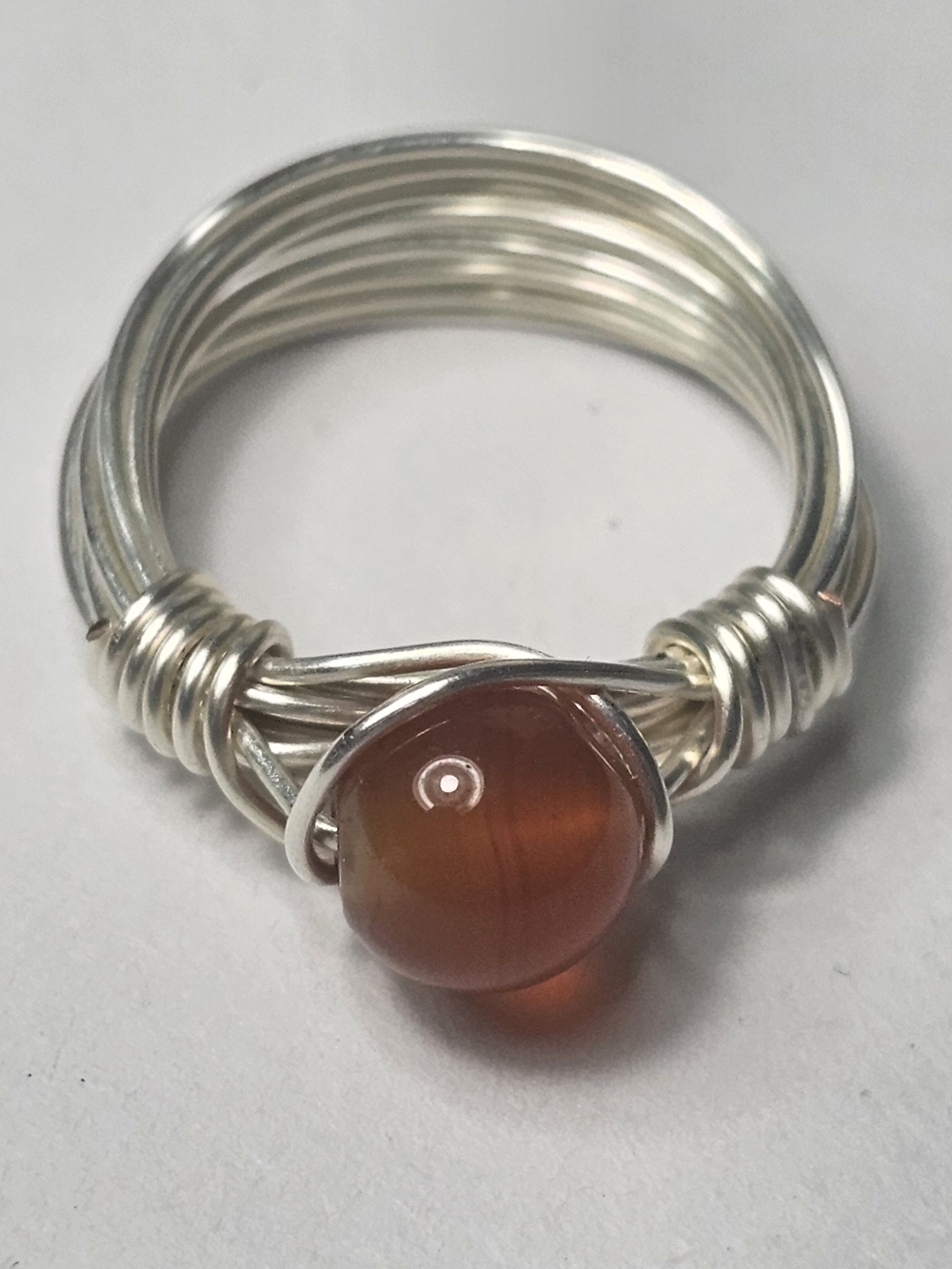 Handcrafted Silver Wire Ring with Amber Stone Bead